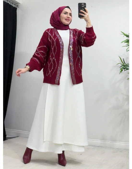 Taşlı Triko Hırka Bordo