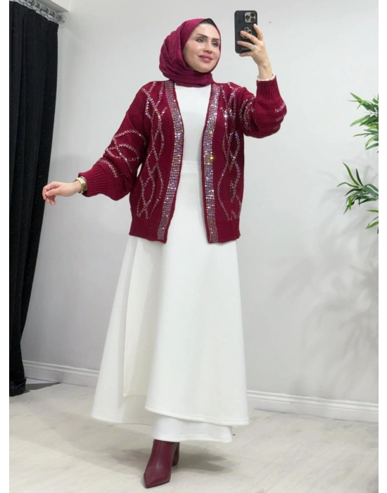 Taşlı Triko Hırka Bordo