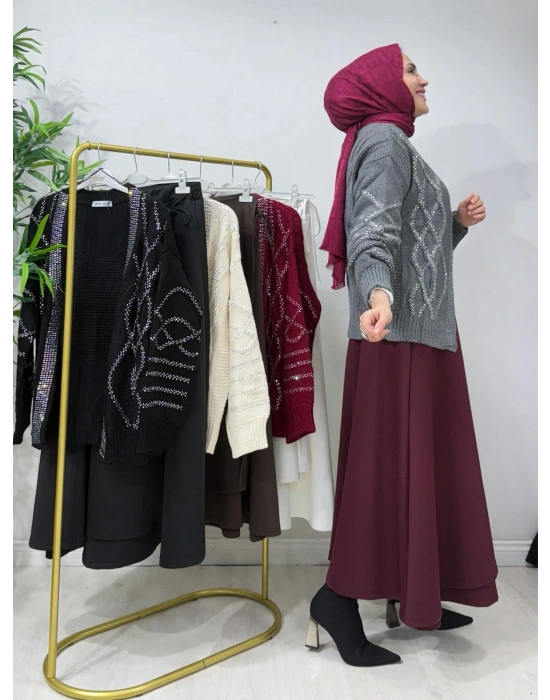 Taşlı Triko Hırka Gri