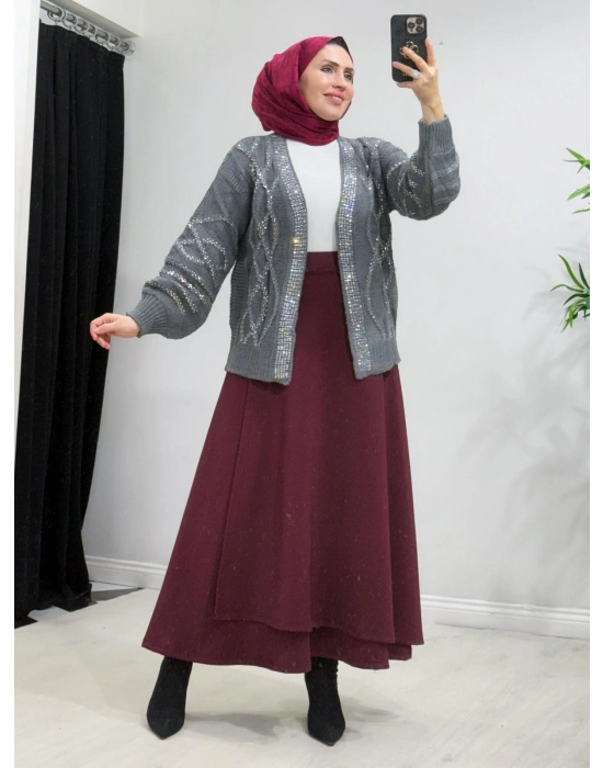 Taşlı Triko Hırka Gri