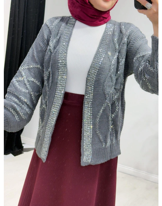 Taşlı Triko Hırka Gri