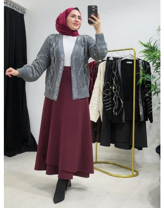 Taşlı Triko Hırka Gri