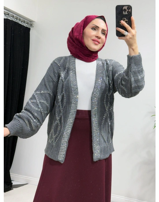 Taşlı Triko Hırka Gri