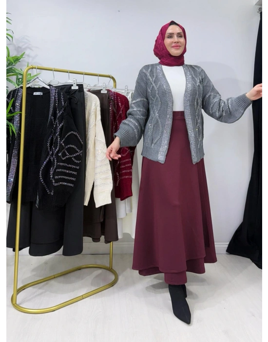 Taşlı Triko Hırka Gri