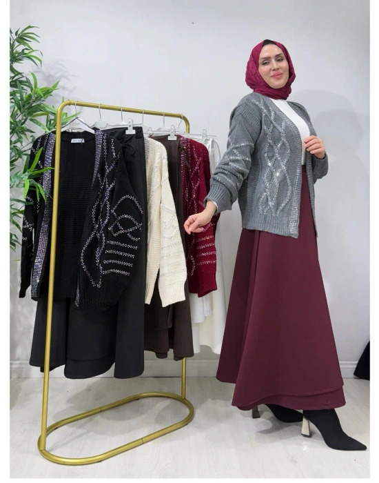 Taşlı Triko Hırka Gri