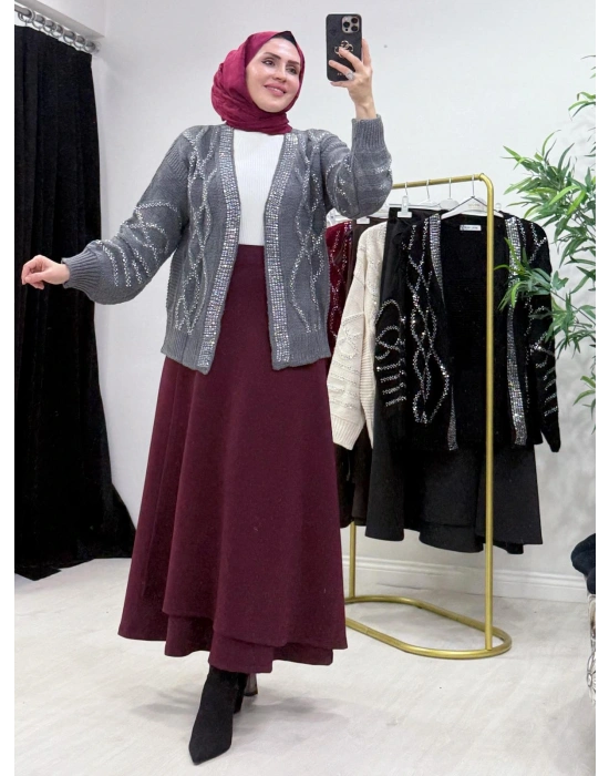 Taşlı Triko Hırka Gri