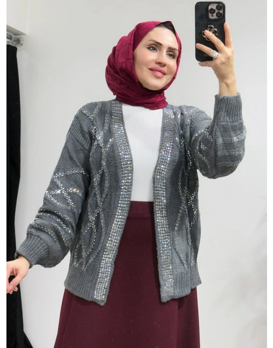 Taşlı Triko Hırka Gri