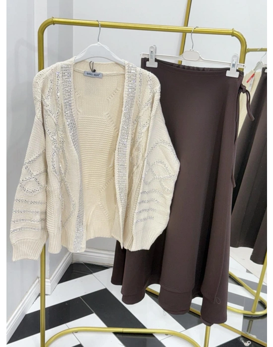 Taşlı Triko Hırka Krem