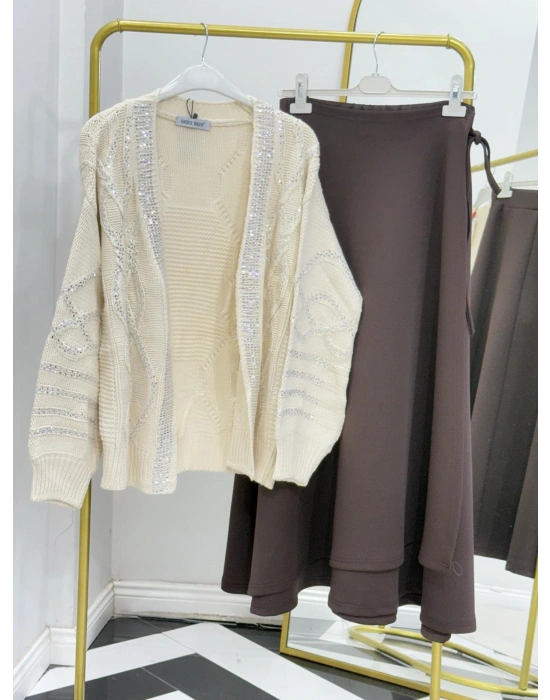 Taşlı Triko Hırka Krem