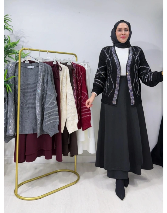 Taşlı Triko Hırka Siyah