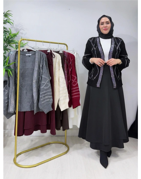 Taşlı Triko Hırka Siyah