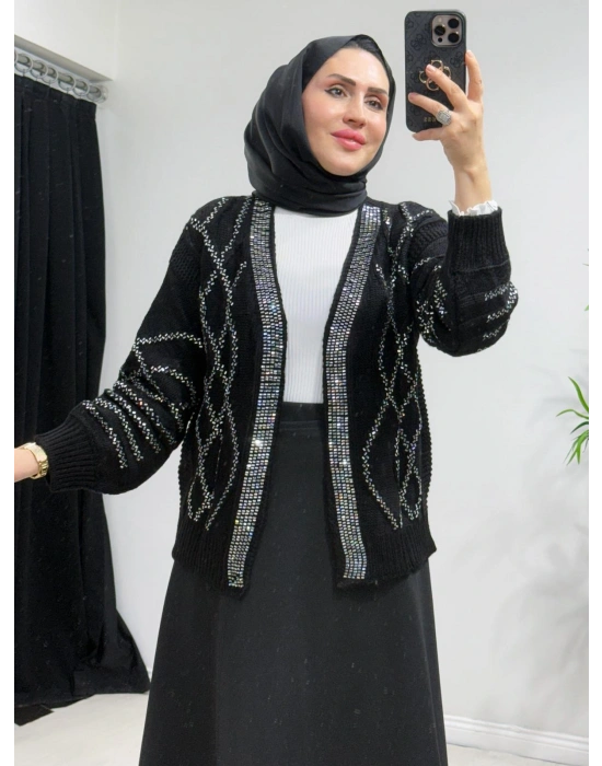 Taşlı Triko Hırka Siyah
