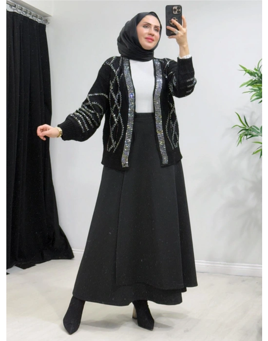 Taşlı Triko Hırka Siyah