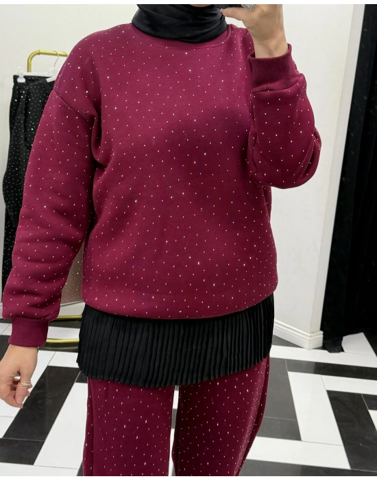 Üç İplik Şardonlu Rahat Kalıp Takım Bordo