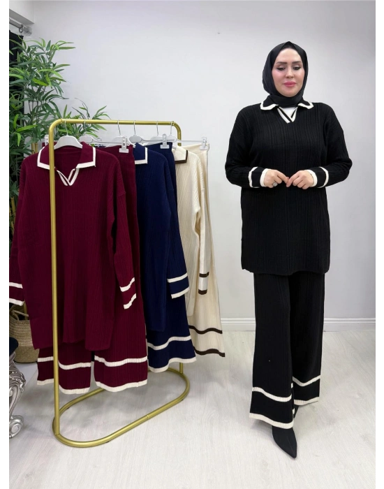 Yakalı Fitilli Triko Takım Siyah