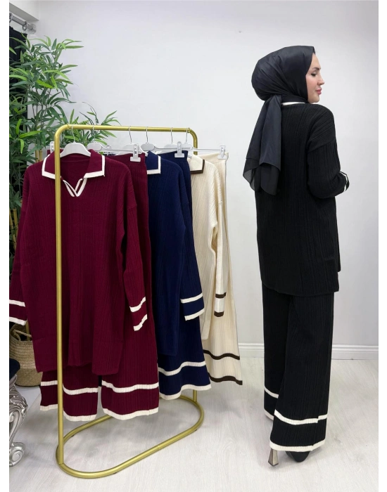 Yakalı Fitilli Triko Takım Siyah