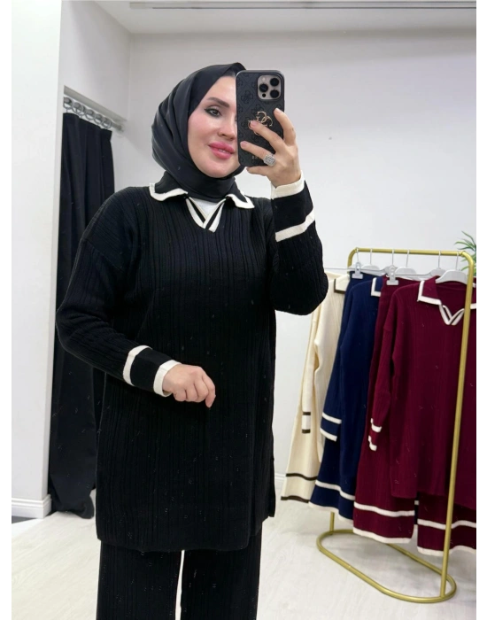Yakalı Fitilli Triko Takım Siyah
