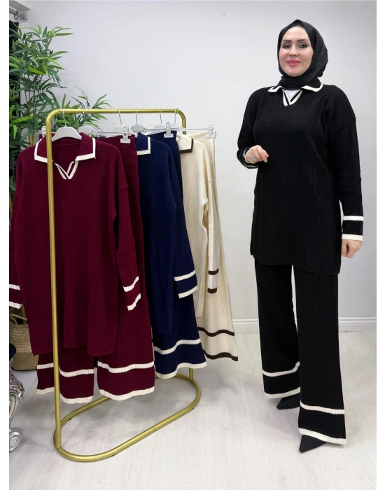 Yakalı Fitilli Triko Takım Siyah