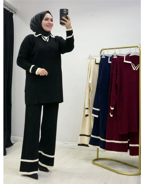 Yakalı Fitilli Triko Takım Siyah