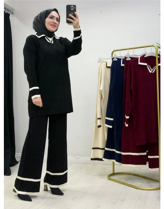 Yakalı Fitilli Triko Takım Siyah