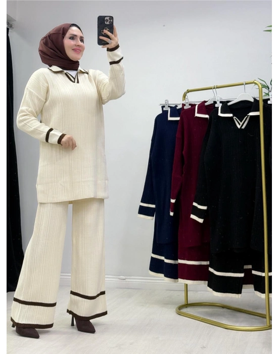 Yakalı Fitilli Triko Takım Krem