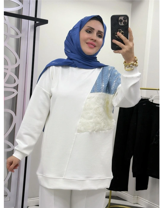 Yeni Sezon Gül Detaylı Takım Beyaz