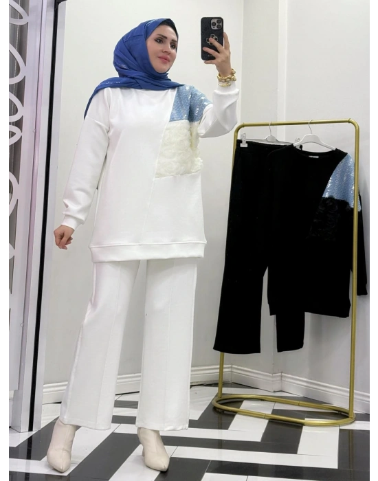 Yeni Sezon Gül Detaylı Takım Beyaz