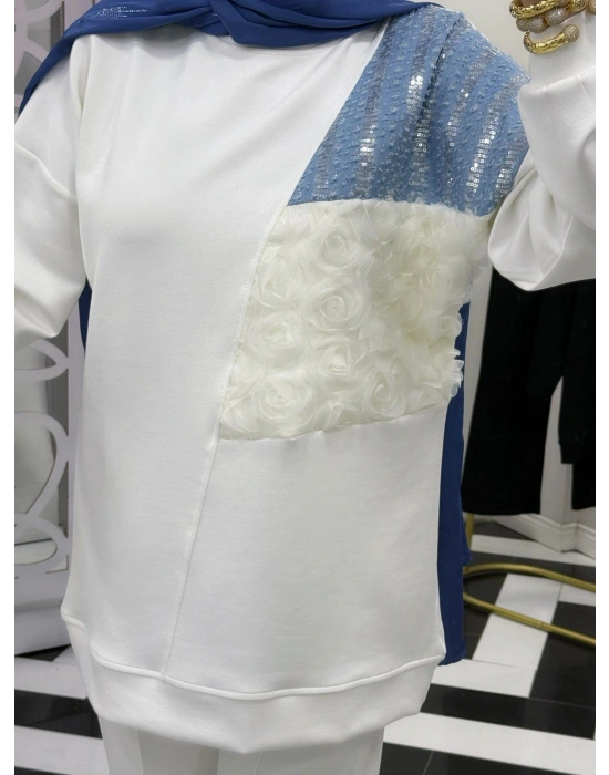 Yeni Sezon Gül Detaylı Takım Beyaz