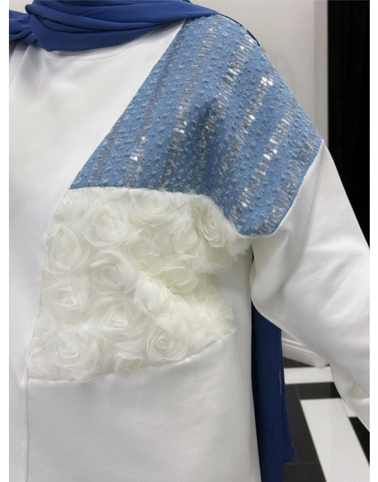 Yeni Sezon Gül Detaylı Takım Beyaz