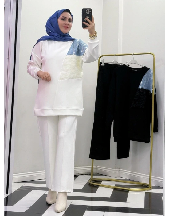 Yeni Sezon Gül Detaylı Takım Beyaz