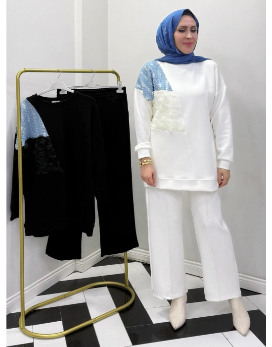 Yeni Sezon Gül Detaylı Takım Beyaz