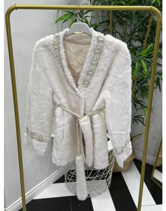 Yeni Sezon İnci Detaylı  İthal Kürk Beyaz