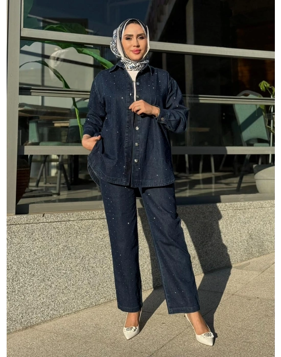 Yeni Sezon Spor Taşlı Kot Takım Koyu Renk