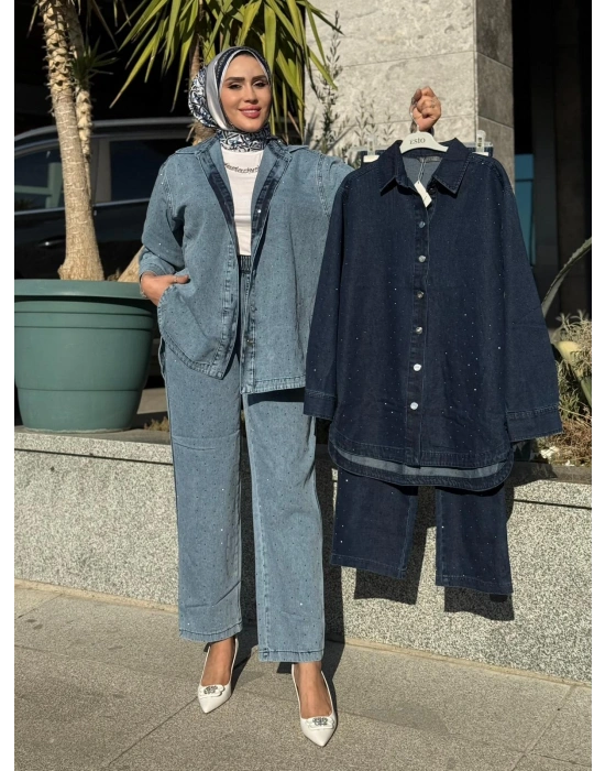 Yeni Sezon Spor Taşlı Kot Takım Koyu Renk