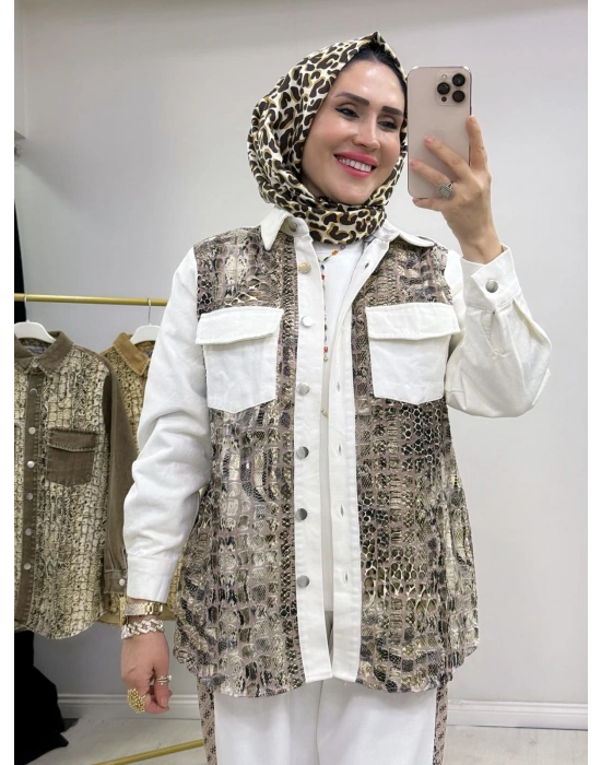 Yılan Desenli Kot Ceket Beyaz
