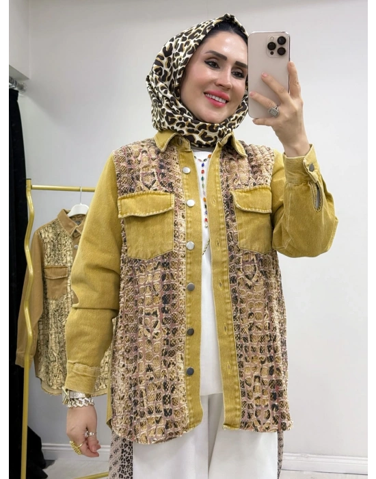 Yılan Desenli Kot Ceket Hardal Sarı