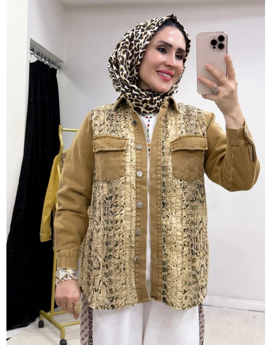 Yılan Desenli Kot Ceket Taba