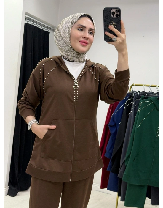 Zımba Taş Detaylı Tasarım Kahverengi Takım