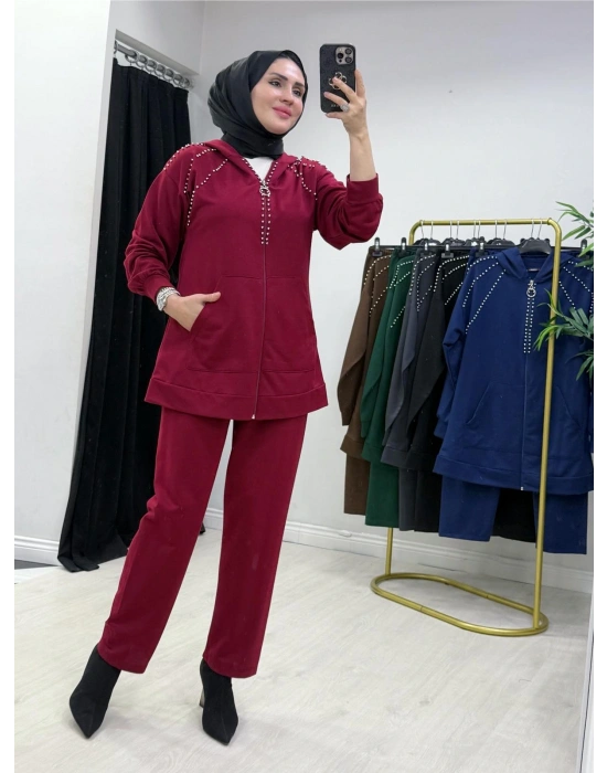 Zımba Taş Detaylı Tasarım Bordo Takım