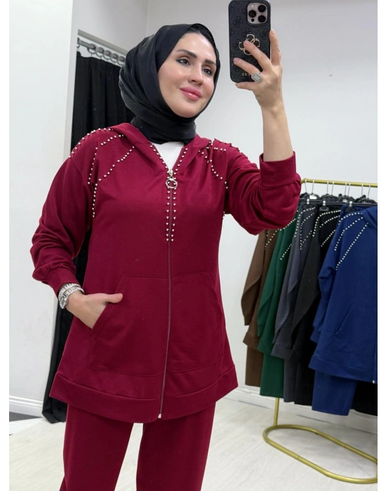 Zımba Taş Detaylı Tasarım Bordo Takım