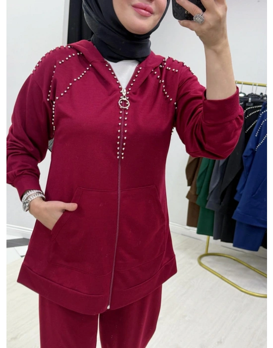 Zımba Taş Detaylı Tasarım Bordo Takım