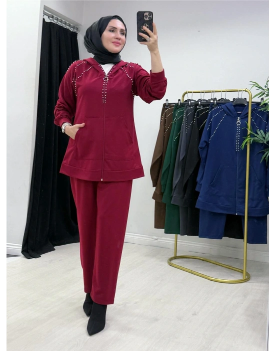 Zımba Taş Detaylı Tasarım Bordo Takım