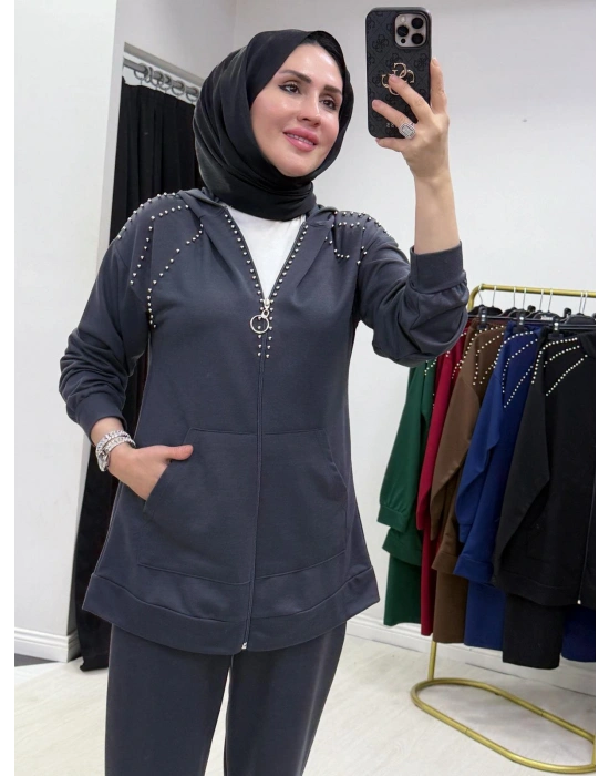 Zımba Taş Detaylı Tasarım Gri Takım