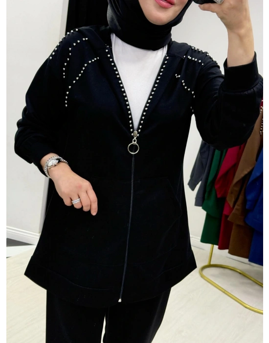 Zımba Taş Detaylı Tasarım Siyah Takım