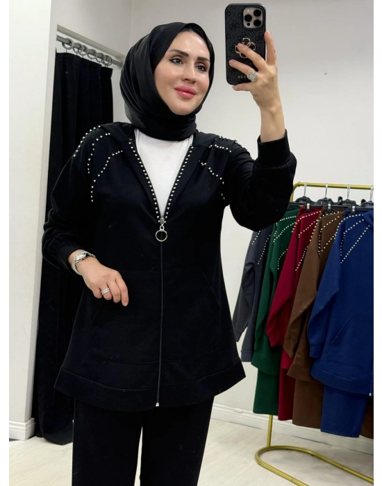 Zımba Taş Detaylı Tasarım Siyah Takım