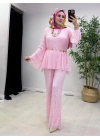 Dantel Detaylı Kemer Hediyeli Şık Takım Pembe