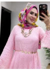 Dantel Detaylı Kemer Hediyeli Şık Takım Pembe