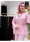 Dantel Detaylı Kemer Hediyeli Şık Takım Pembe