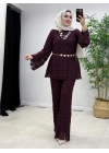 Dantel Detaylı Kemer Hediyeli Şık Takım Mürdüm