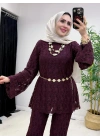 Dantel Detaylı Kemer Hediyeli Şık Takım Mürdüm